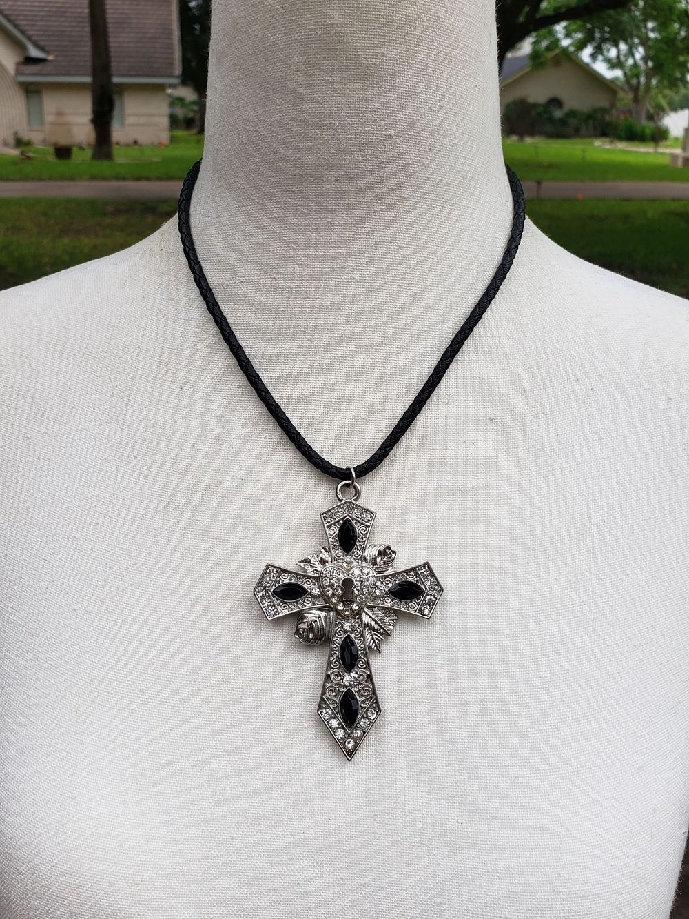 Ornate Cross Pendant Necklace with Black Accents by